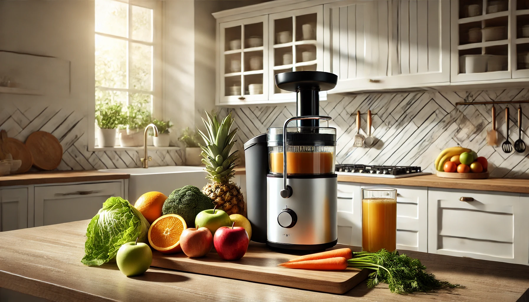 Juicer modern di dapur dengan berbagai buah dan sayuran segar di sekitarnya.